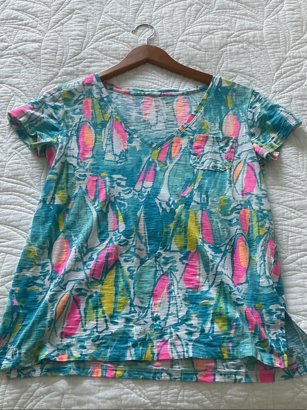 Lilly Pulitzer Multicolor Abstract Floral Short Sleeve Tee - Teal, Pink, Yellow